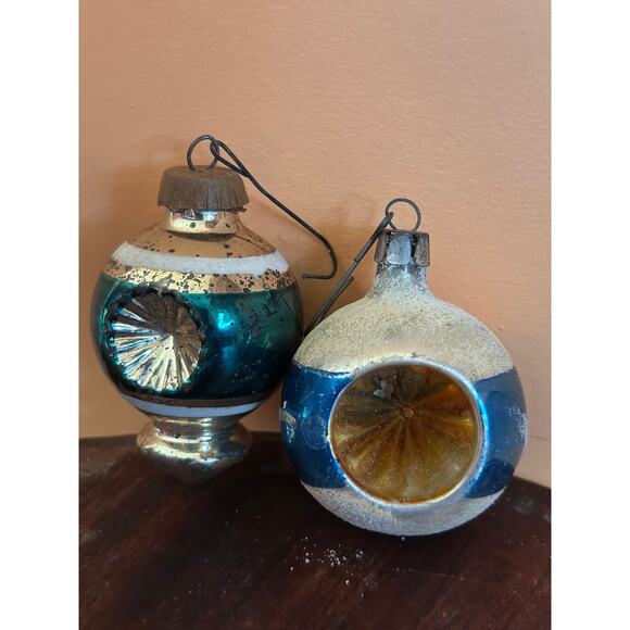 Vintage Mercury Glass Concave Christmas Ornaments in Blue Set of 2 - Picture 2 of 12